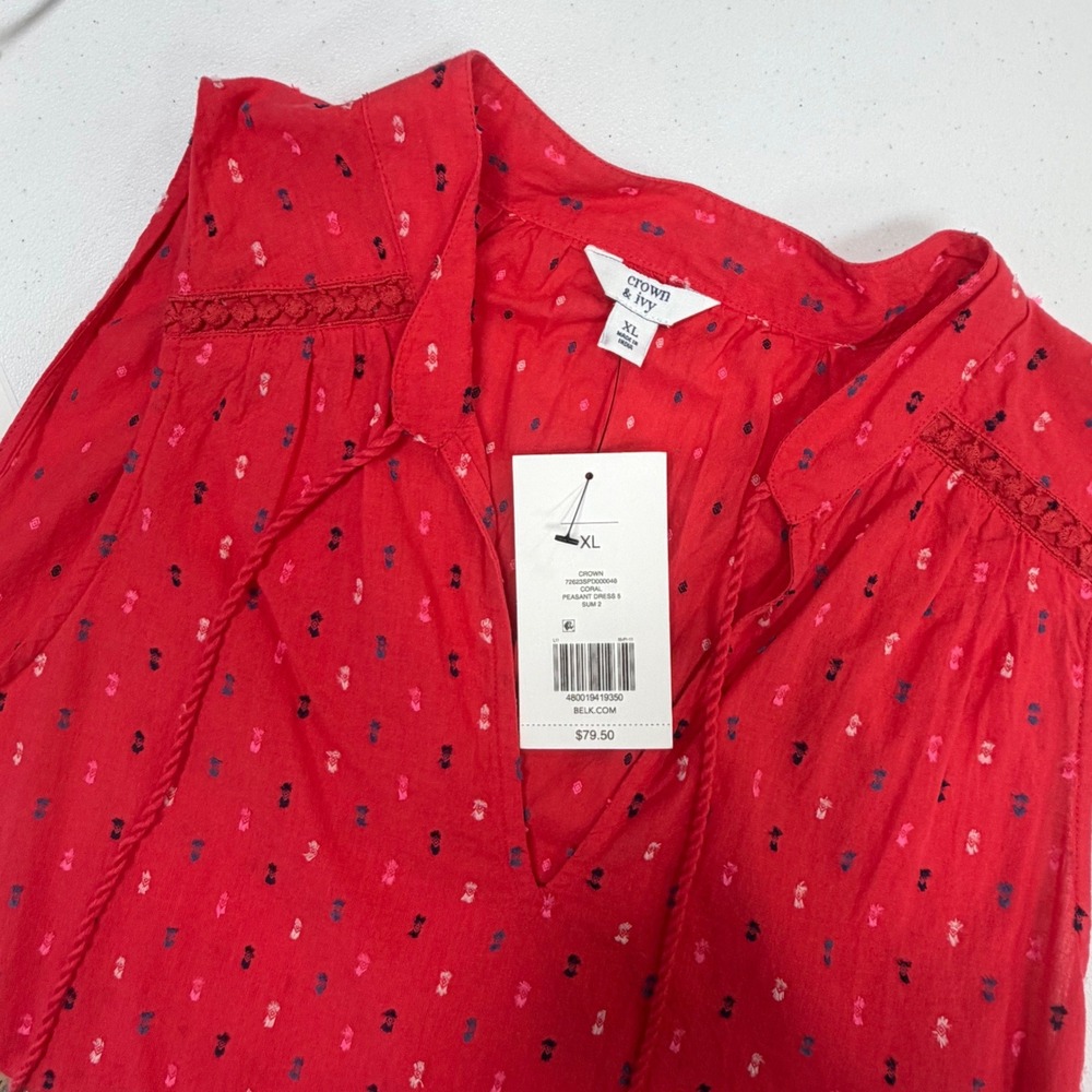 Crown & Ivy Coral Red Peasant Dress XL Sleeveless Tassel Flounce Hem NWT